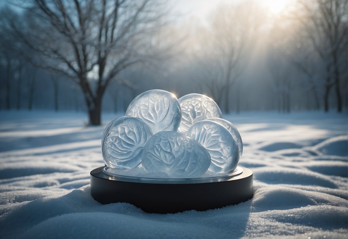 A group of frozen embryos surrounded by swirling frost, with a debate podium in the center. Light shines through the icy mist, creating a sense of tension and uncertainty