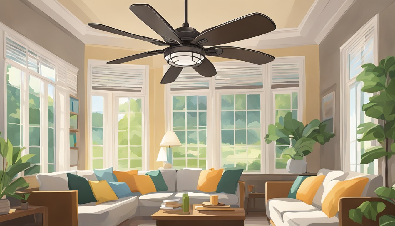 Ceiling fans spin above a cozy living room, casting gentle breezes and creating a sense of relaxation and comfort