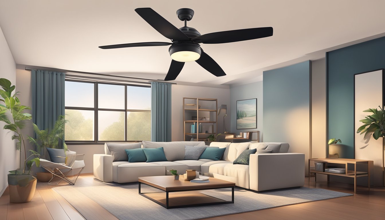 A room with a high ceiling, a sleek and modern ceiling fan hanging from the center, surrounded by comfortable furniture and soft lighting