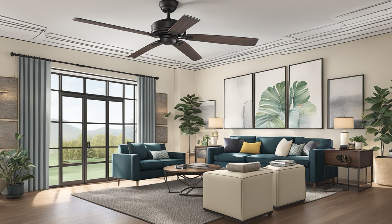 A room with multiple ceiling fans from top brands, such as Hunter, Casablanca, and Emerson, showcasing different models and styles