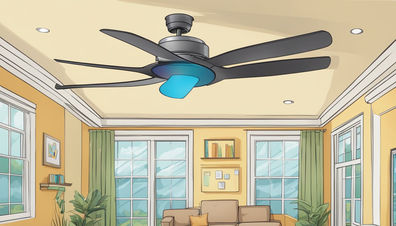 A ceiling fan spinning above a room with a list of "Frequently Asked Questions" floating around it