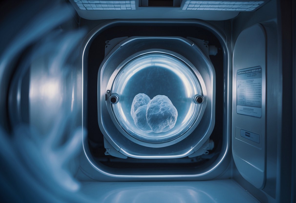 A frozen embryo sits in a cryogenic chamber, surrounded by frost. A legal document labeled "Rights of Embryo Parents" hovers in the background
