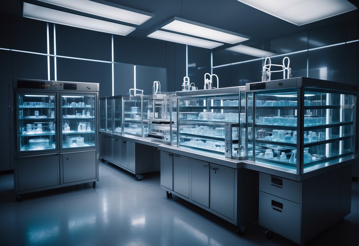 A laboratory setting with futuristic equipment and frozen embryos in storage, surrounded by ethical and legal documents