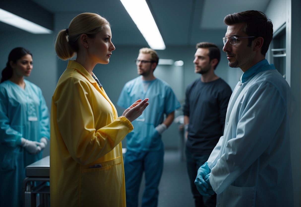 A group of people stand in a cold, sterile room, debating the concept of embryo personhood. Emotion and tension fill the air as the discussion heats up