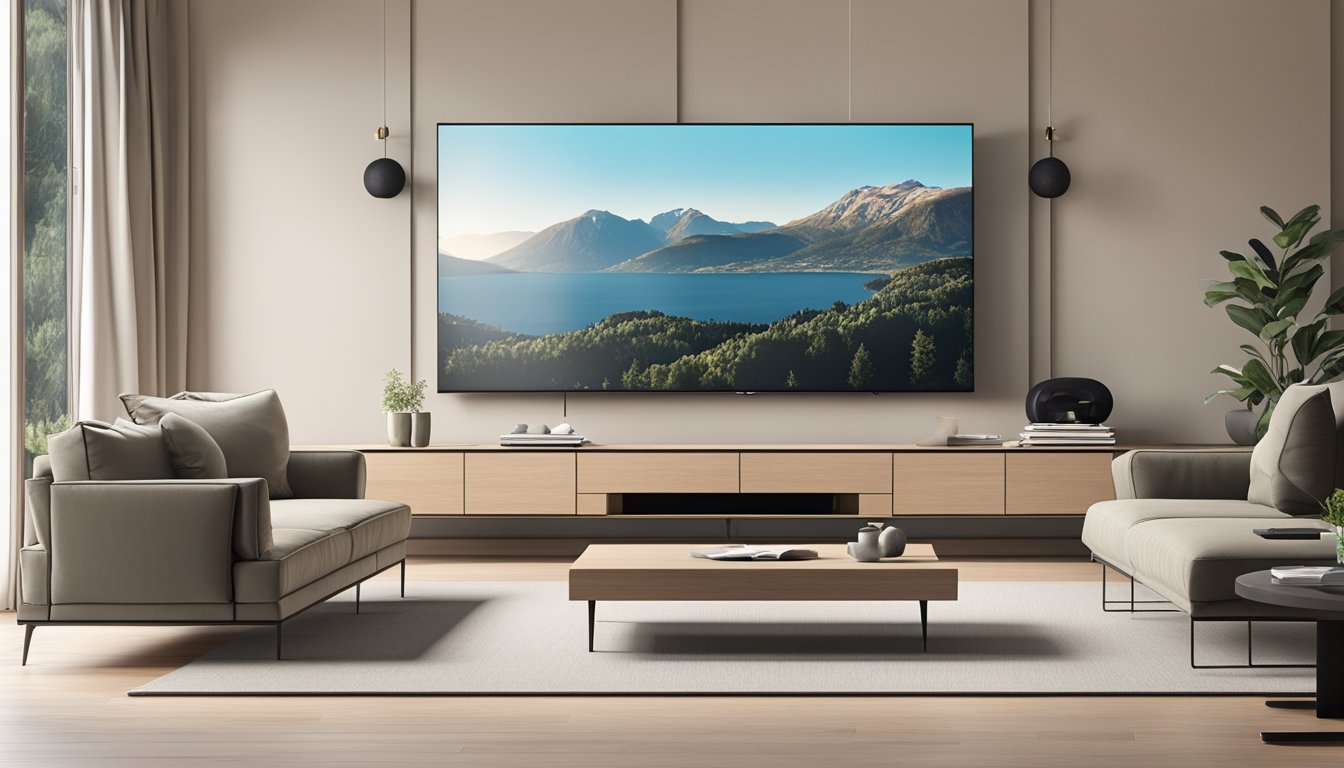 A living room with a sleek, modern TV console against a neutral-colored wall, with a large flat-screen TV mounted above it and minimalistic decor