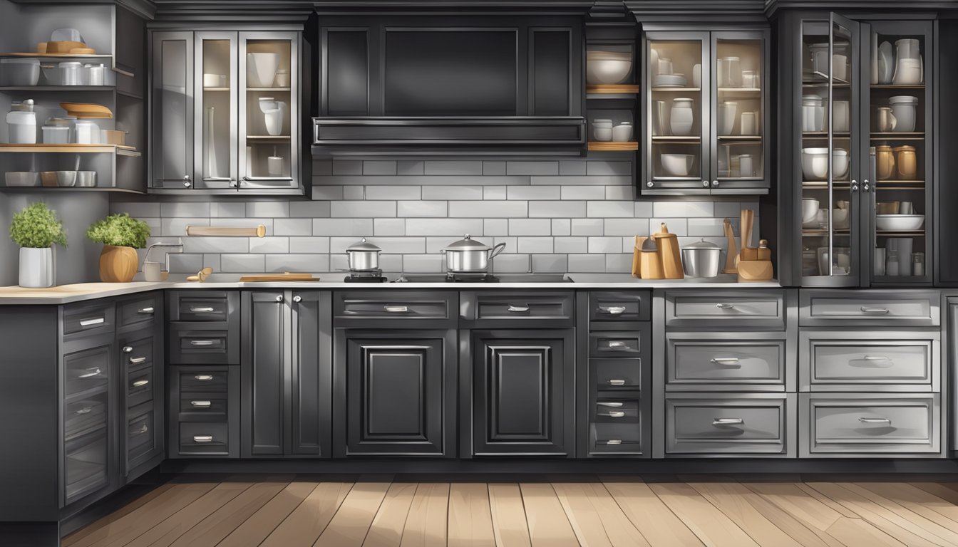 The kitchen cabinets are made of dark wood with silver handles, neatly organized with plates, glasses, and jars inside