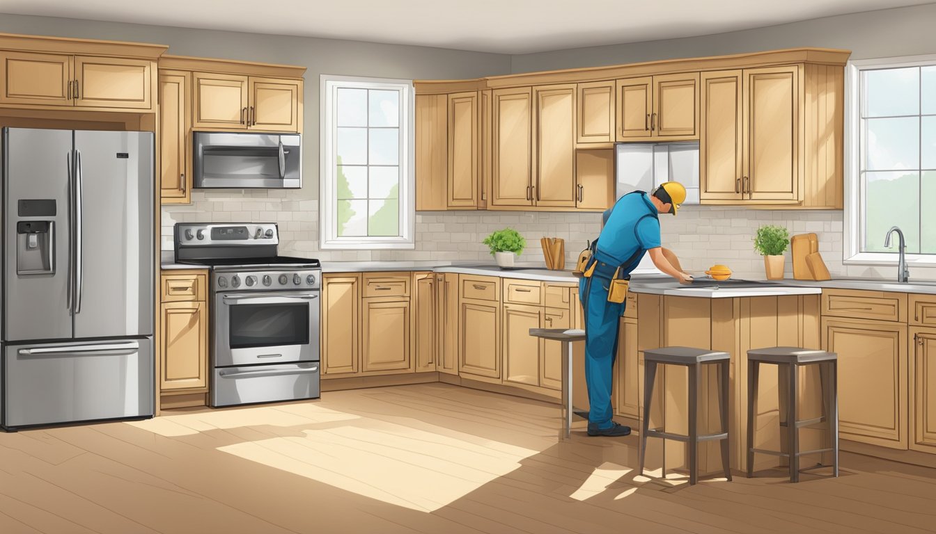 A carpenter installs kitchen cabinets with precision and secures them to the wall for stability. Regular maintenance ensures longevity