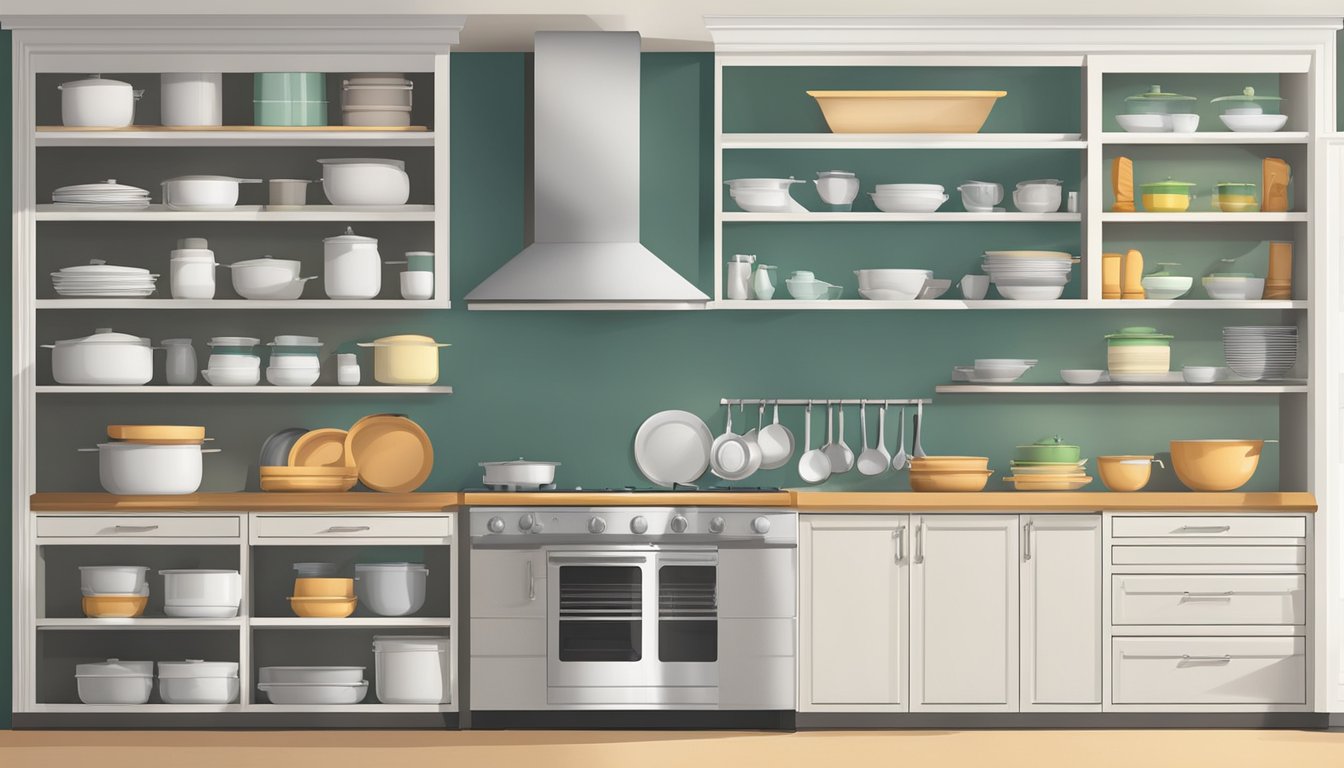 The kitchen cabinets are neatly organized with labeled shelves and various cookware and utensils. The cabinet doors are closed, and the room is well-lit