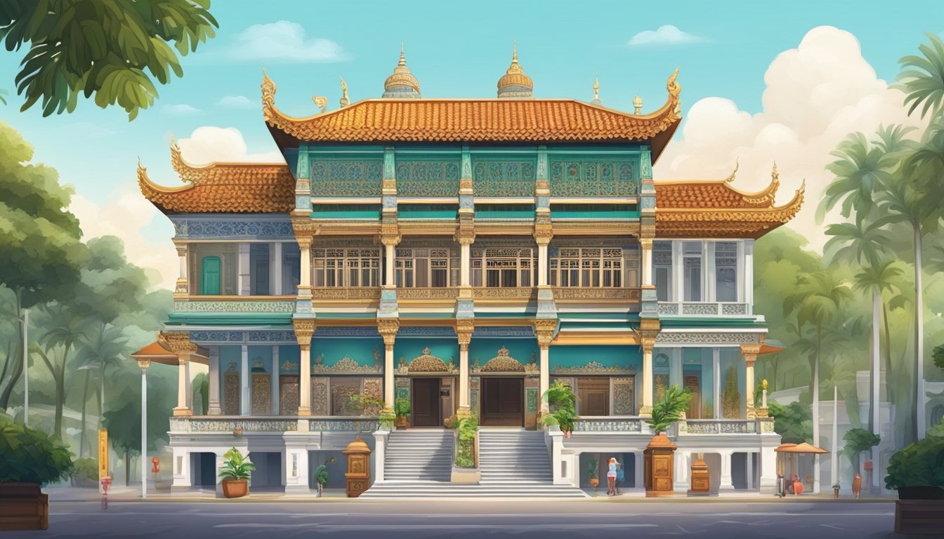 A vibrant Peranakan Museum with colorful traditional artifacts and intricate architecture, showcasing the rich cultural heritage of the Peranakan community