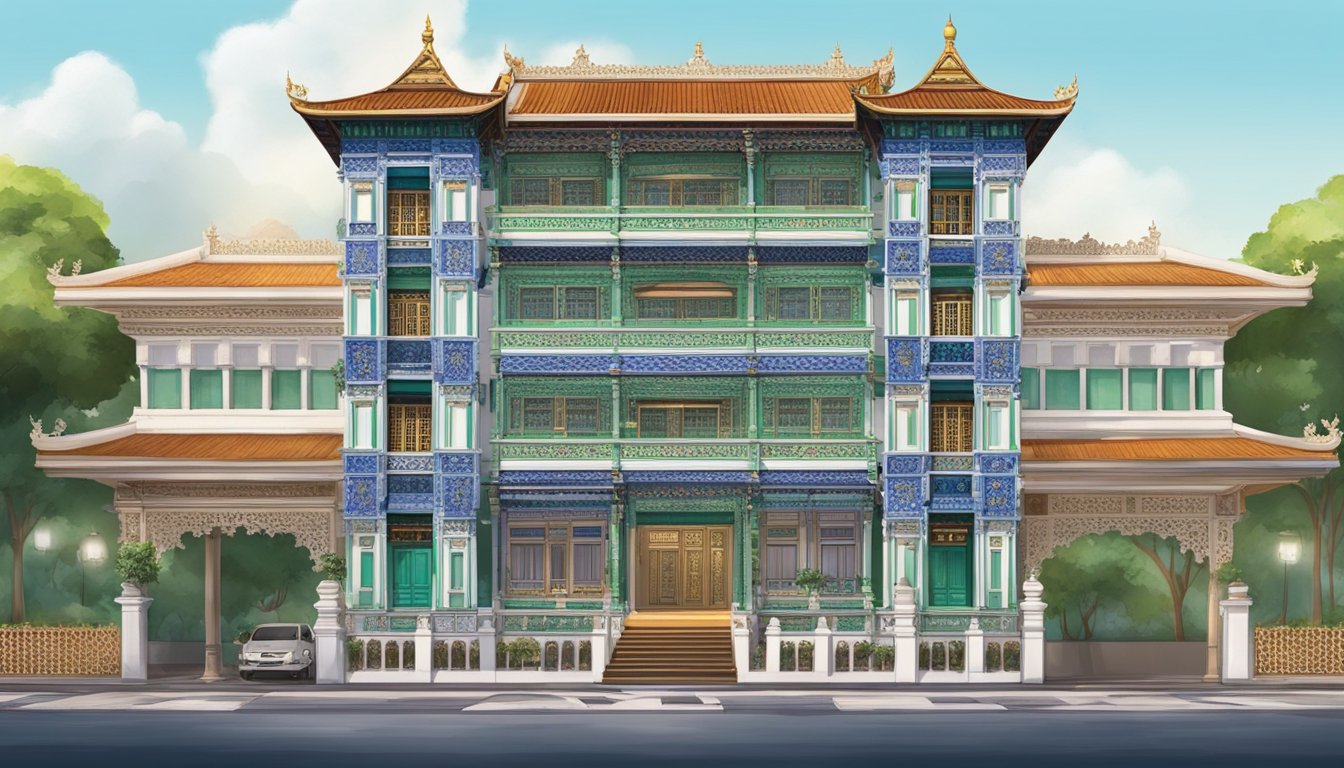 A grand Peranakan home stands tall, adorned with intricate carvings and colorful tiles. The ornate facade reflects the rich cultural heritage of the Peranakan people