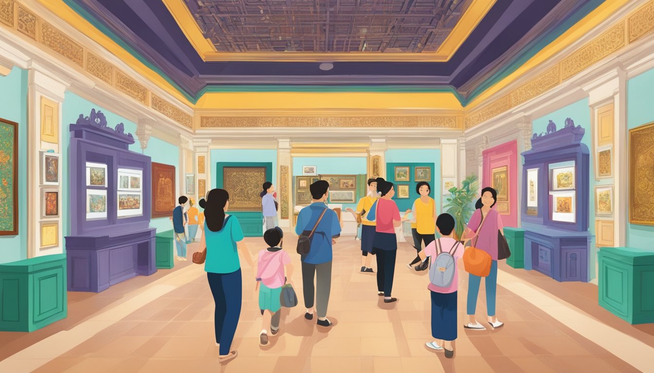 Visitors engage with hands-on activities at Peranakan Museum, surrounded by colorful exhibits and interactive displays