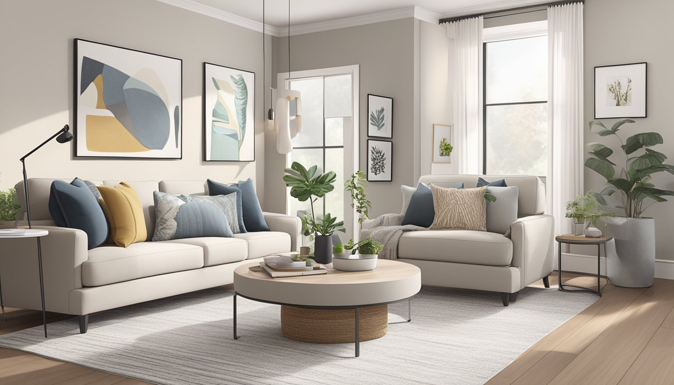 A cozy living room with affordable, modern furniture. Clean lines, neutral colors, and soft textures create a stylish yet comfortable space