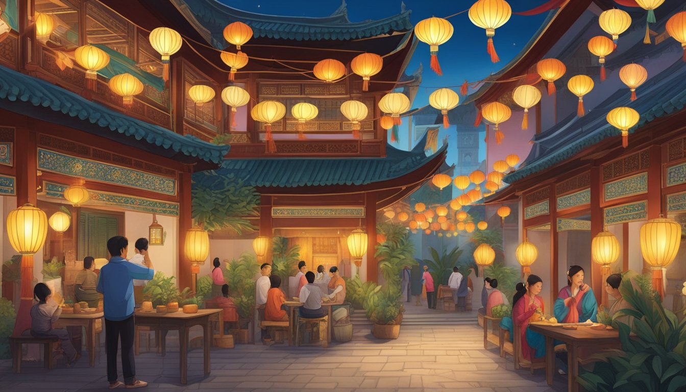 Colorful lanterns light up the courtyard, while traditional music fills the air. Intricate Peranakan artifacts are showcased in the background, creating a vibrant and lively atmosphere