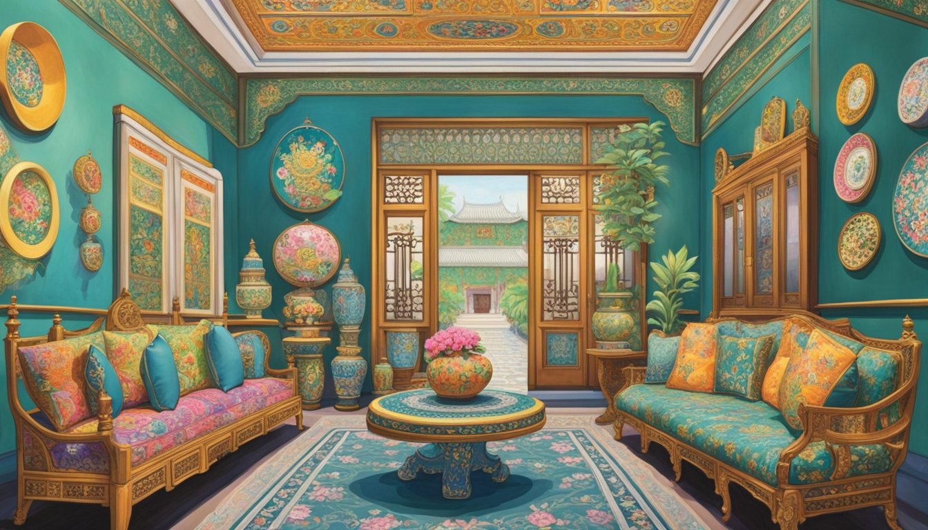 A colorful array of Peranakan artifacts fills the museum, showcasing the rich history and culture of the Peranakan people. Intricate porcelain, traditional costumes, and ornate furniture create a vibrant and captivating display
