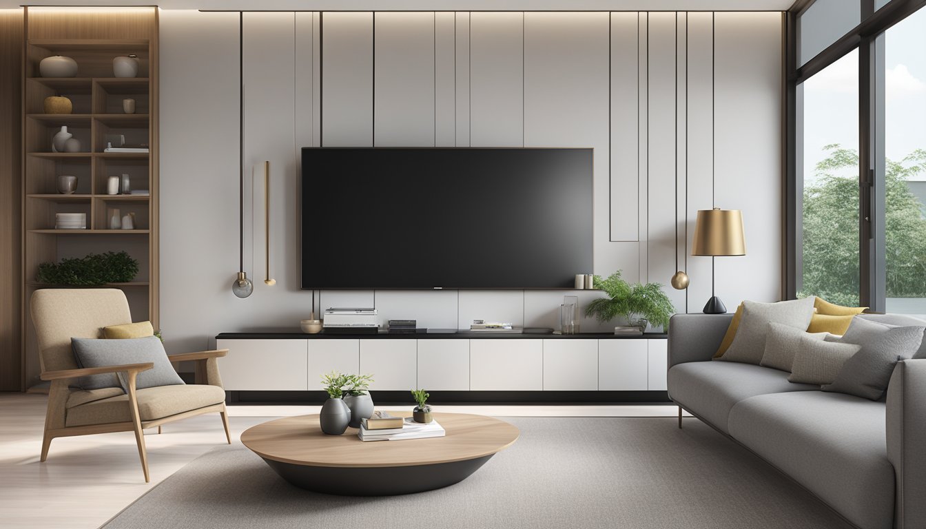 A sleek TV console in a modern Singapore living room, with clean lines and minimalist design