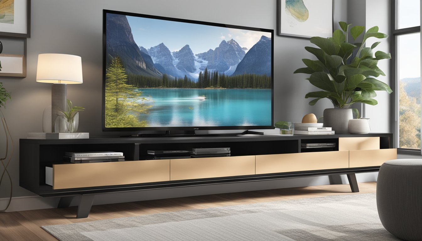 A sleek, modern TV console in a living room, with built-in storage compartments and cable management features for enhanced functionality and convenience