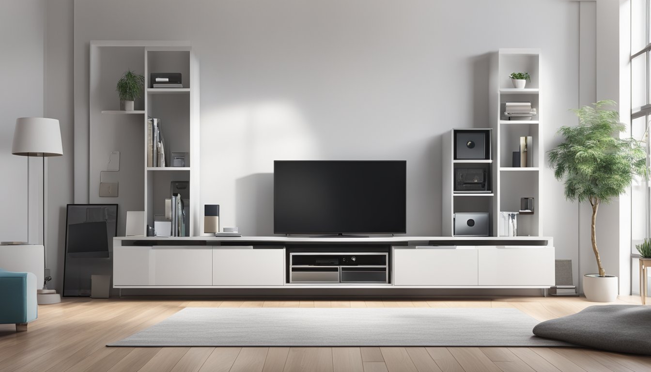 A sleek, modern TV console with clean lines and a glossy finish stands against a white wall, with a neatly organized display of electronic devices and accessories on its shelves