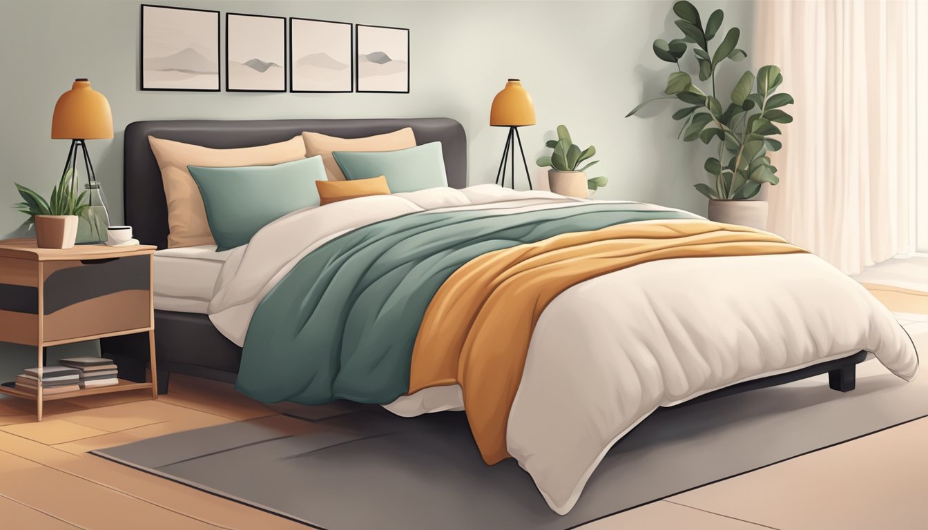 A single bed, neatly made with a soft duvet and fluffy pillows. The bed is centered in a cozy, sunlit room with warm, inviting colors