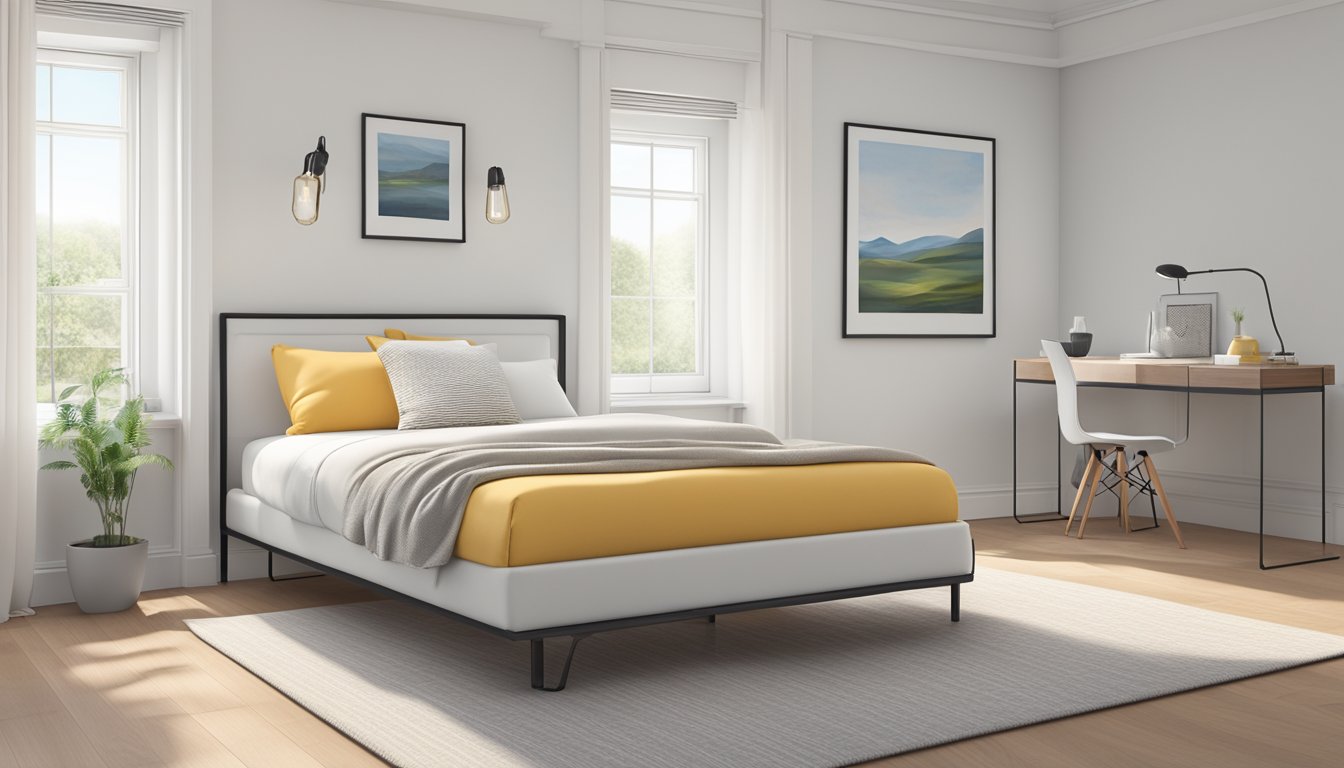 A single bed, 38 inches wide and 75 inches long, with a simple frame and clean bedding, sits against a plain white wall