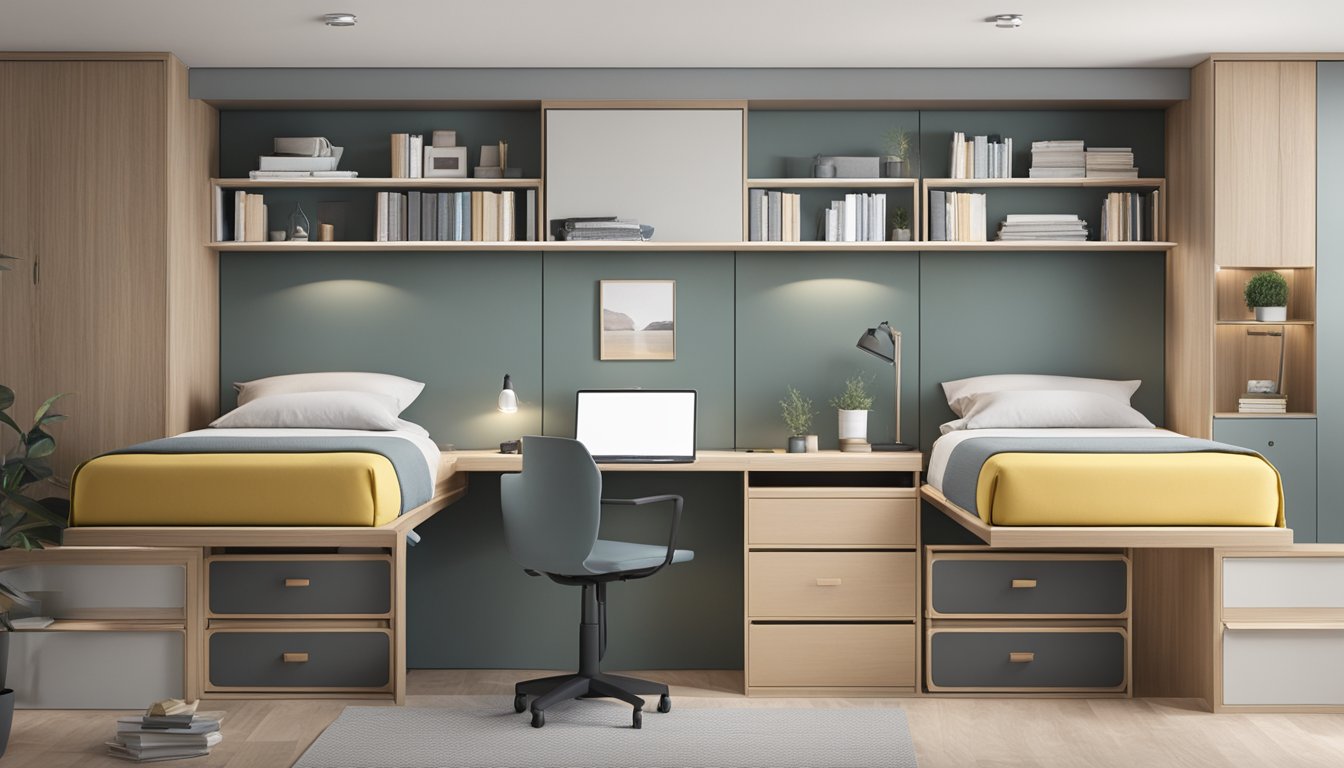 Two single beds arranged parallel to each other, with space-saving storage solutions underneath and above