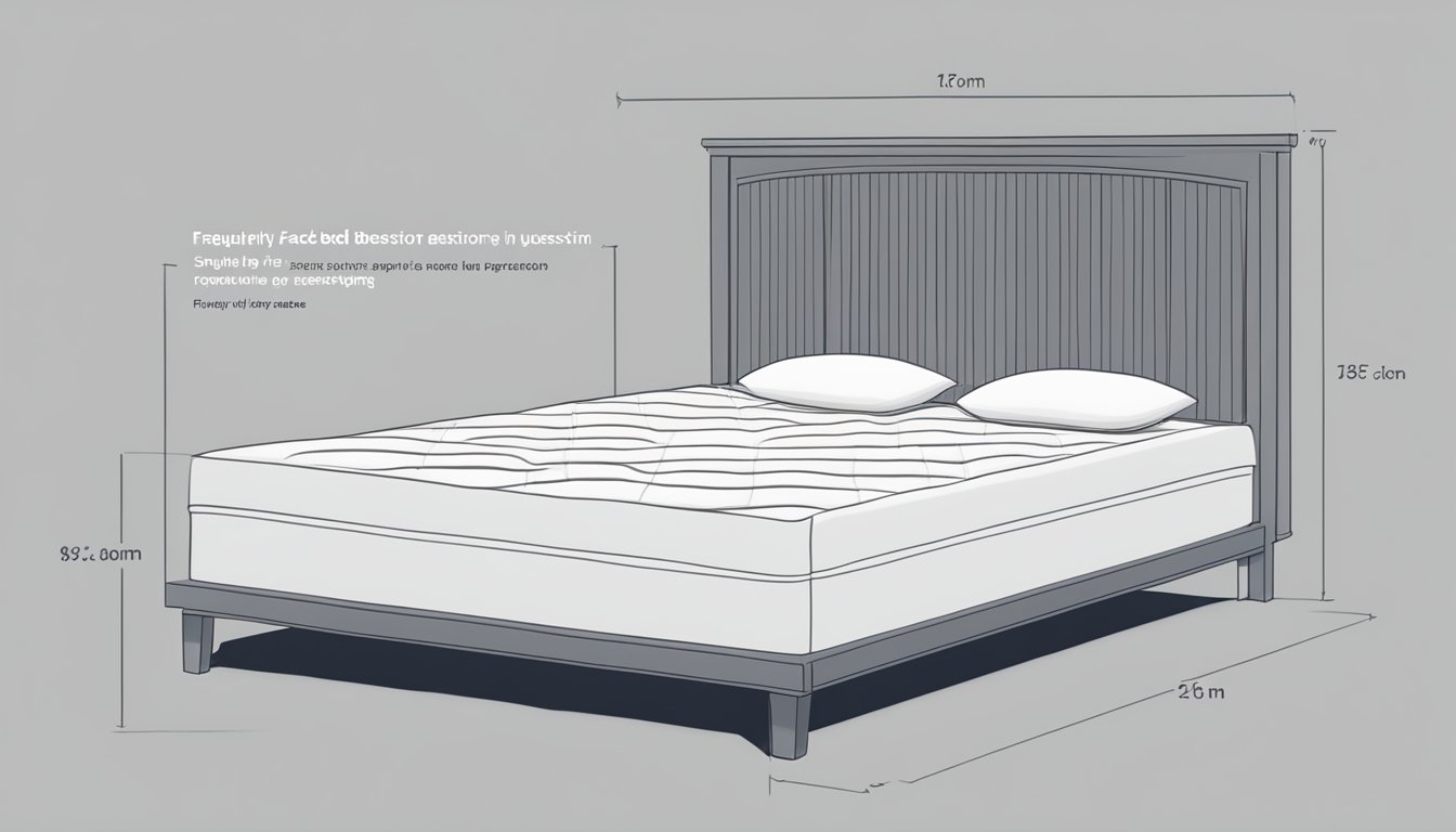 A single bed with measurements labeled "Frequently Asked Questions: single bed size" in a simple bedroom setting