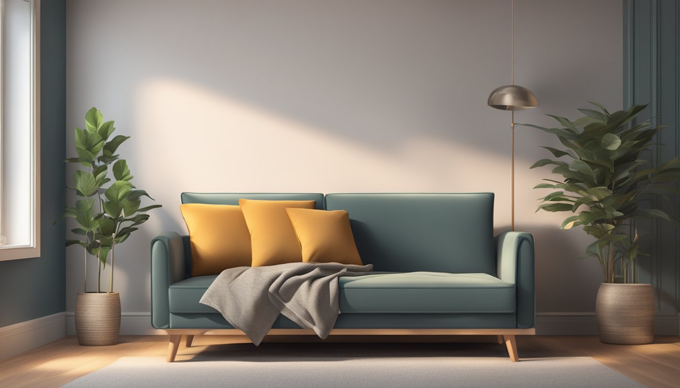 A sofa bed sits against the wall, unfolded with pillows and a blanket. The room is dimly lit, casting a cozy atmosphere