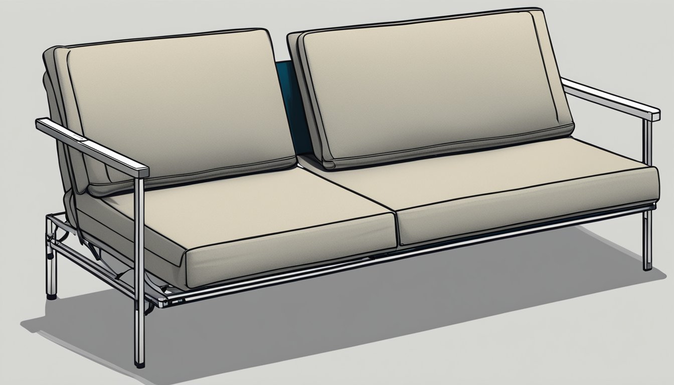 A sofa bed unfolded with cushions removed, showing the metal frame and mattress inside