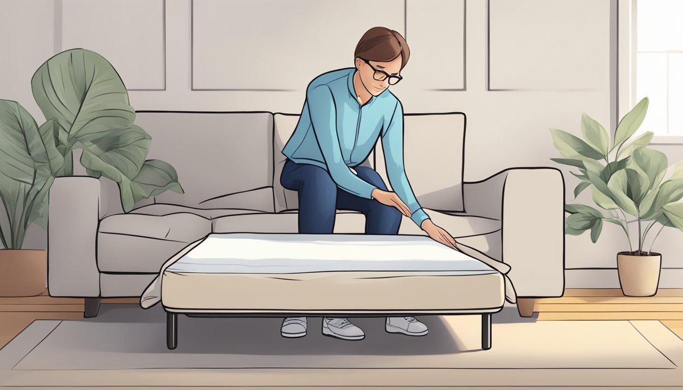 A person unfolds a sofa bed, adjusting the cushions for comfort