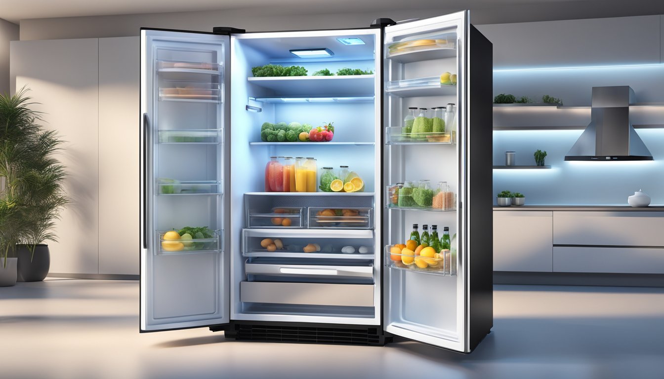 A sleek, modern fridge with touch screen display and adjustable shelves, illuminated by soft LED lighting