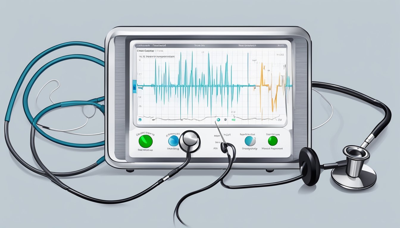 A stethoscope listening to a beating heart, while an EKG monitor displays irregular heart rhythms