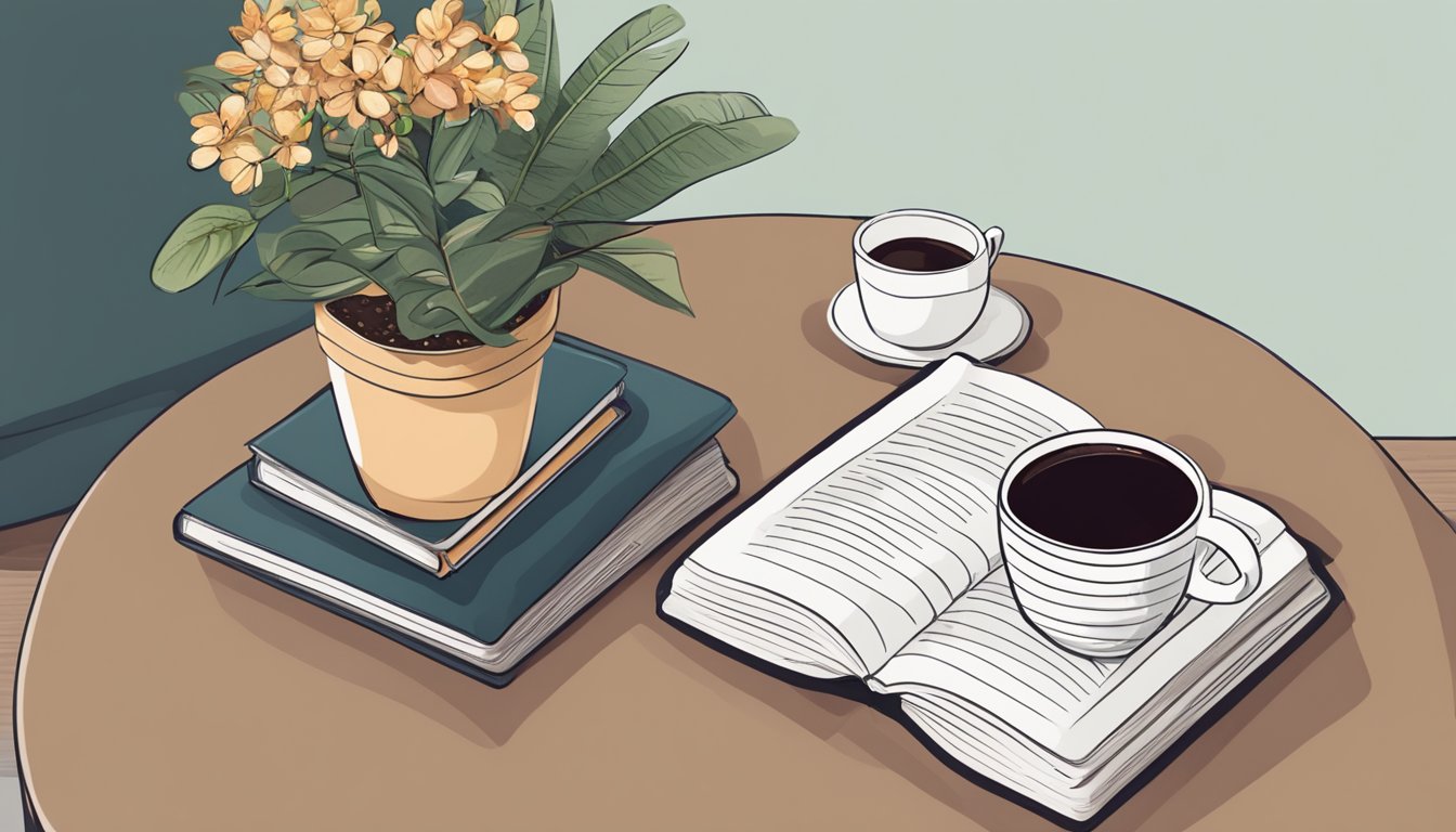 A coffee table with a stack of books, a potted plant, and a mug of steaming coffee. A cozy blanket is draped over one corner, and a small decorative tray holds a candle and a vase of flowers