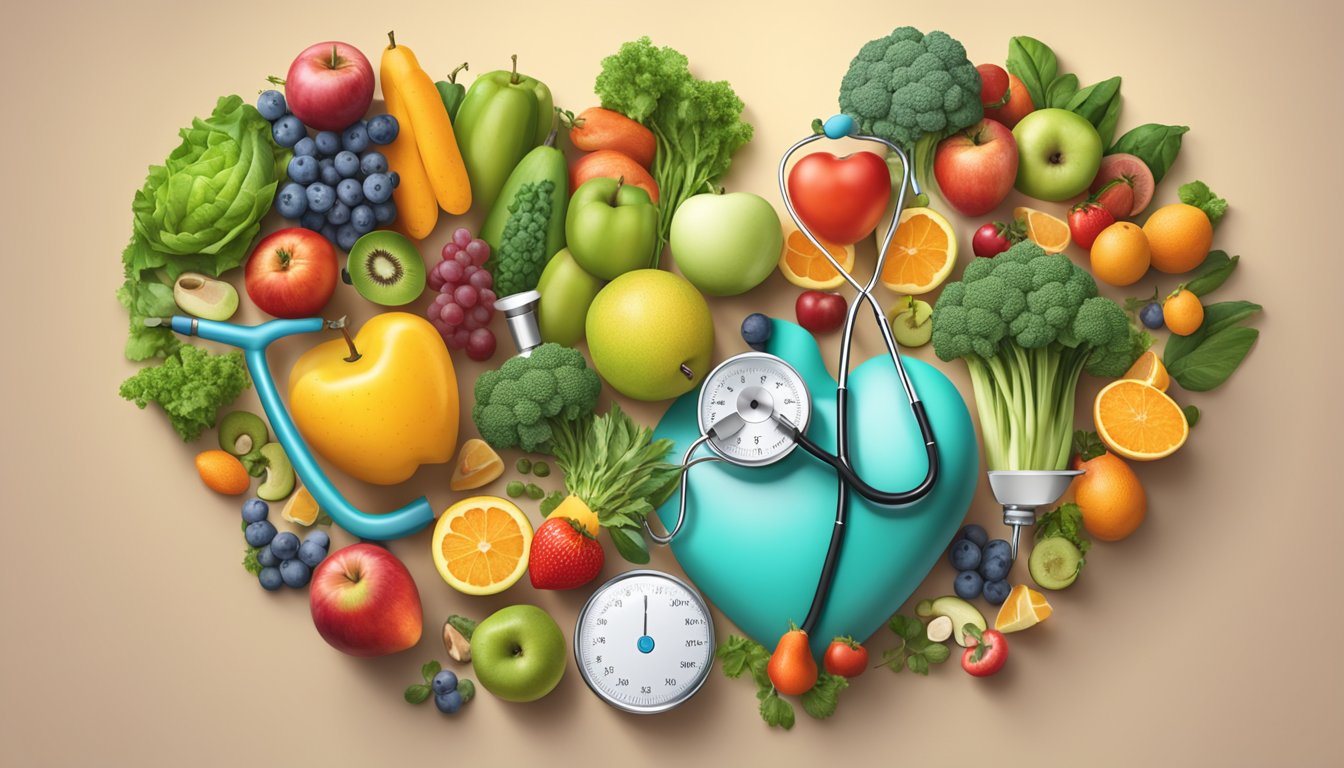 A heart surrounded by healthy lifestyle symbols, such as fruits, vegetables, exercise equipment, and a doctor's stethoscope