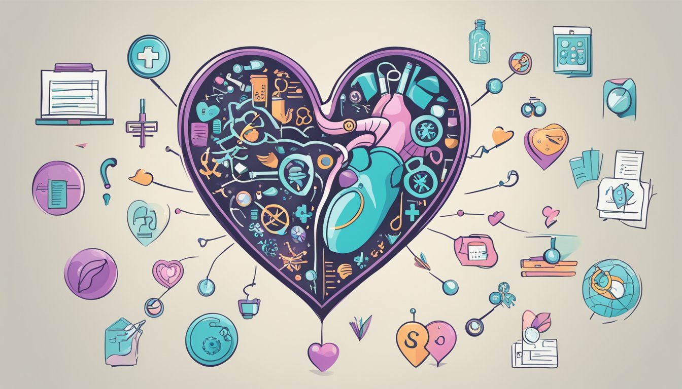 A heart with a question mark hovering above it, surrounded by medical symbols and text