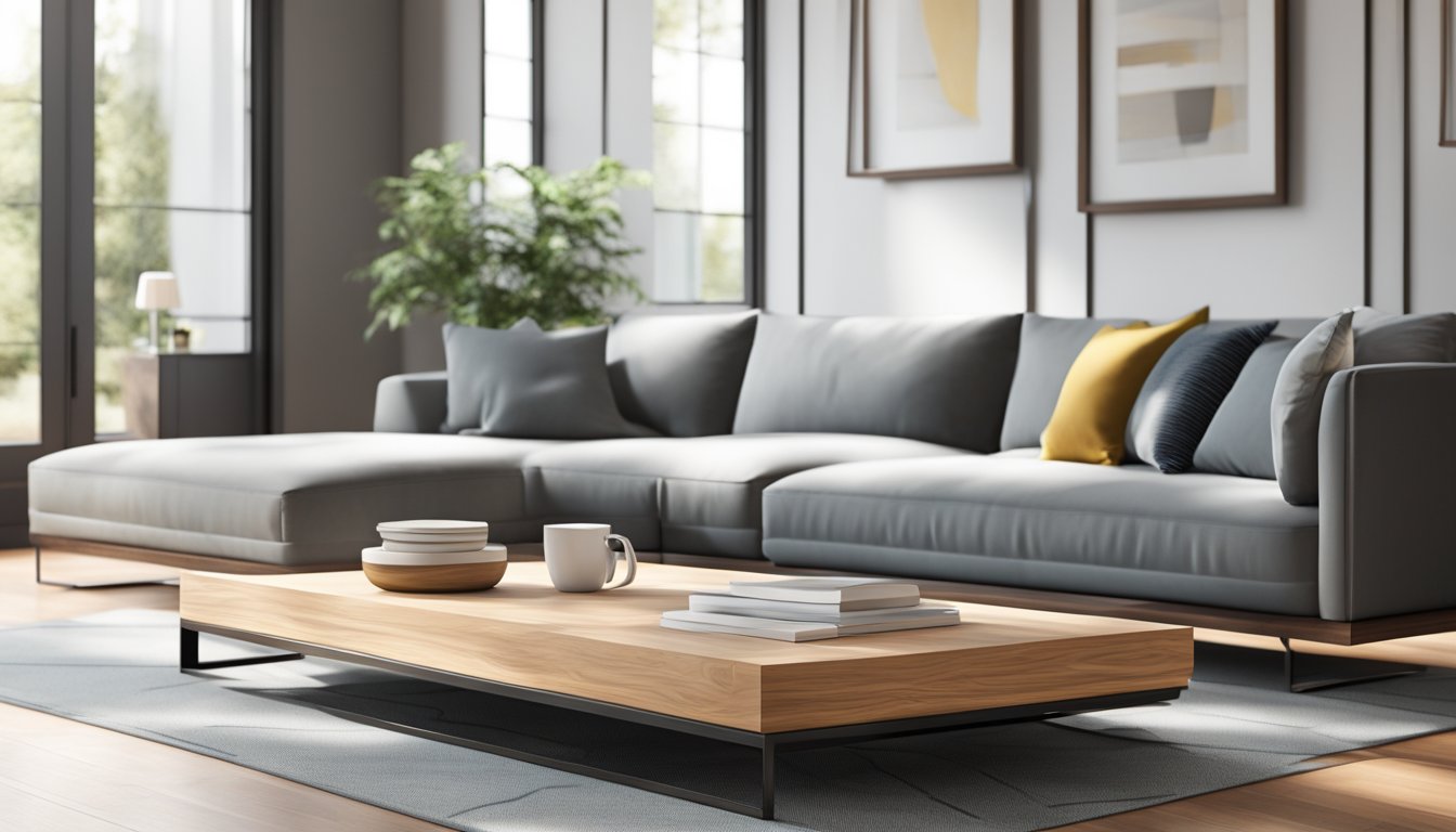 A sleek, modern coffee table made of polished wood and metal, with clean lines and a minimalist design, sitting in a bright, airy living room
