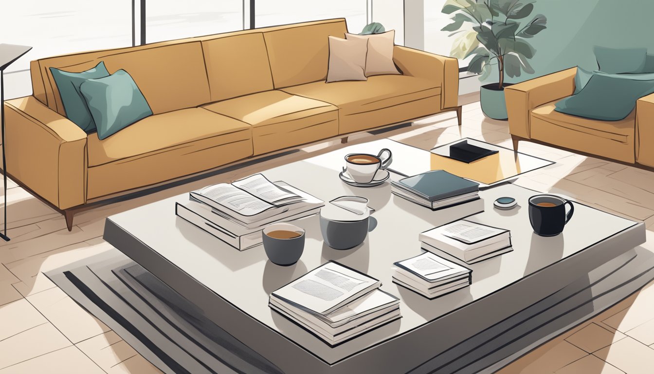 A modern living room with a sleek, minimalistic coffee table featuring a stack of neatly organized Frequently Asked Questions booklets and a steaming cup of coffee