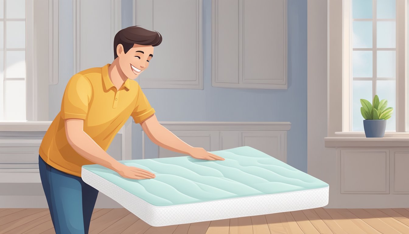 A person removes the packaging to reveal a pristine foam mattress, with a satisfied smile