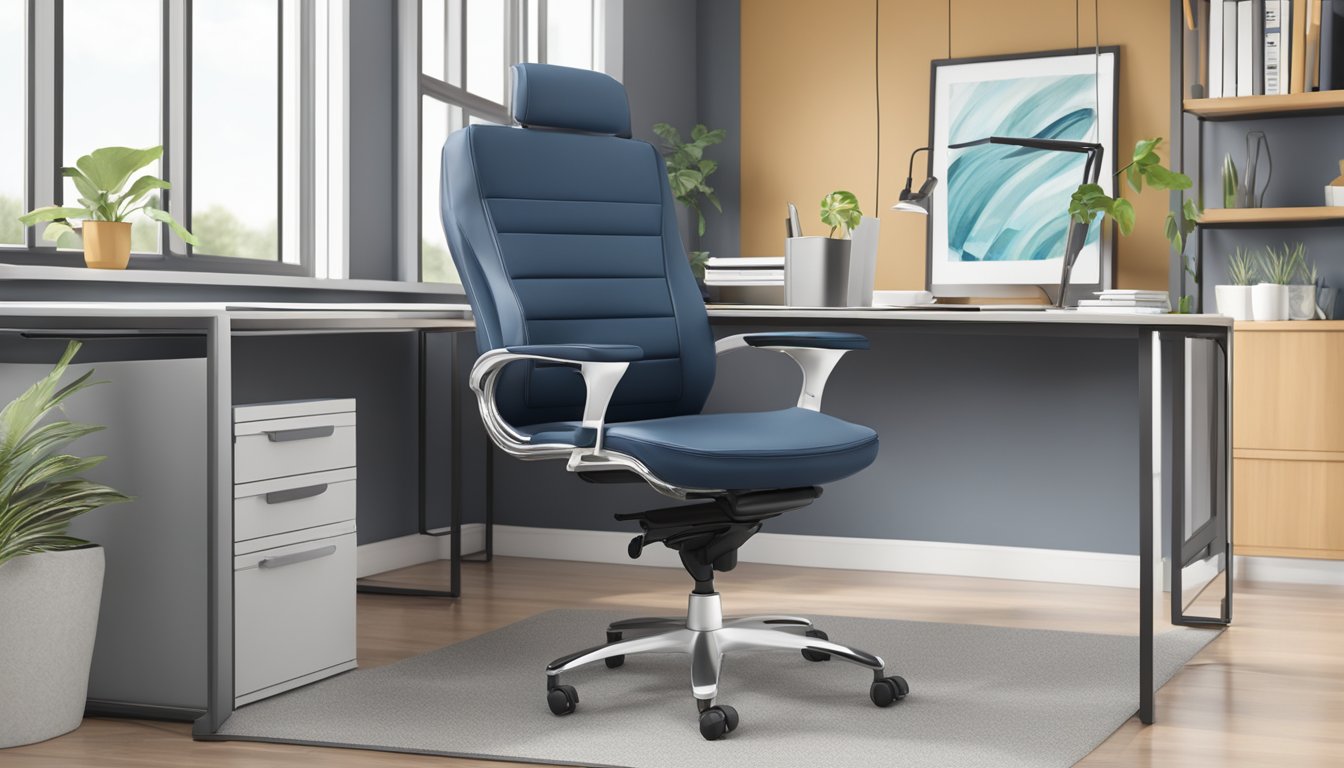 A modern office chair with adjustable armrests, lumbar support, and a swivel base. The chair is designed for comfort and support during long hours of work