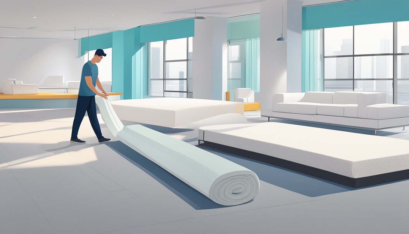 A person unrolling a foam mattress in a bright, modern showroom