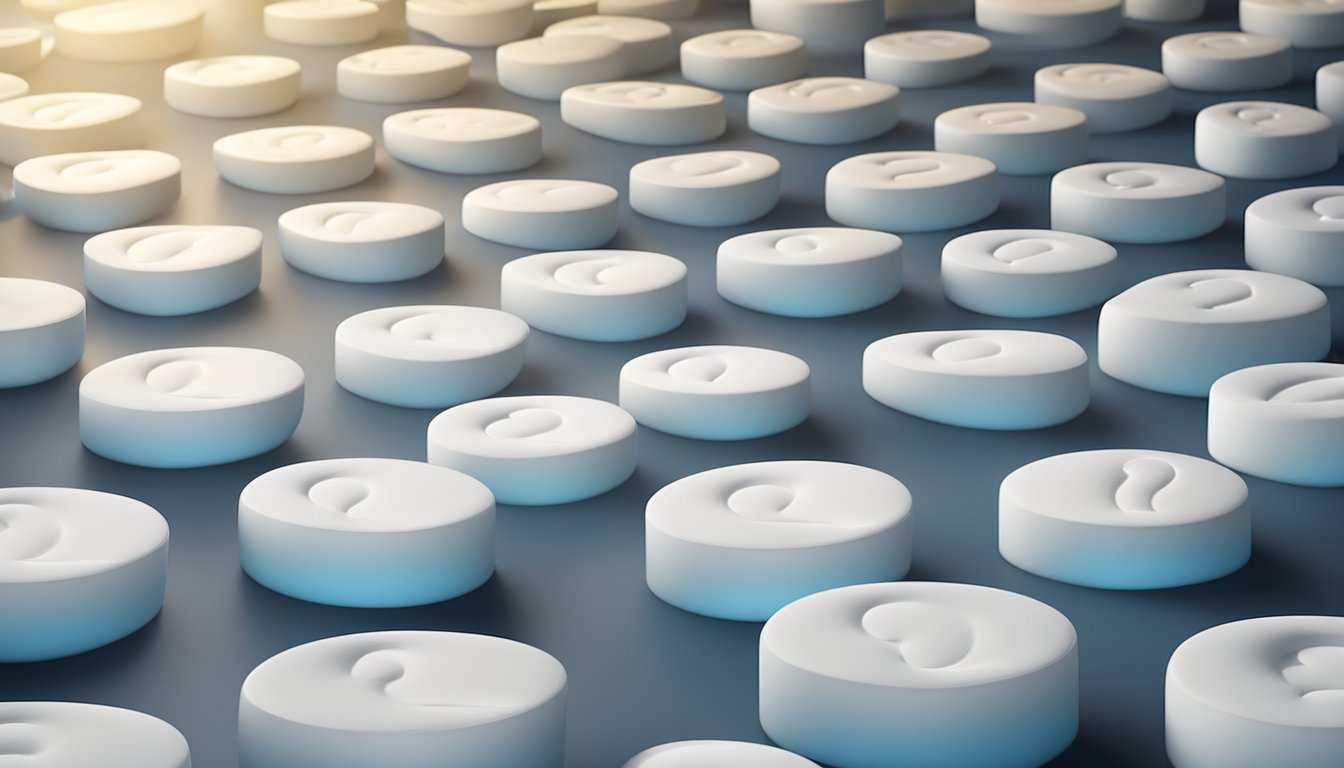 A foam mattress surrounded by question marks, with a spotlight shining on it