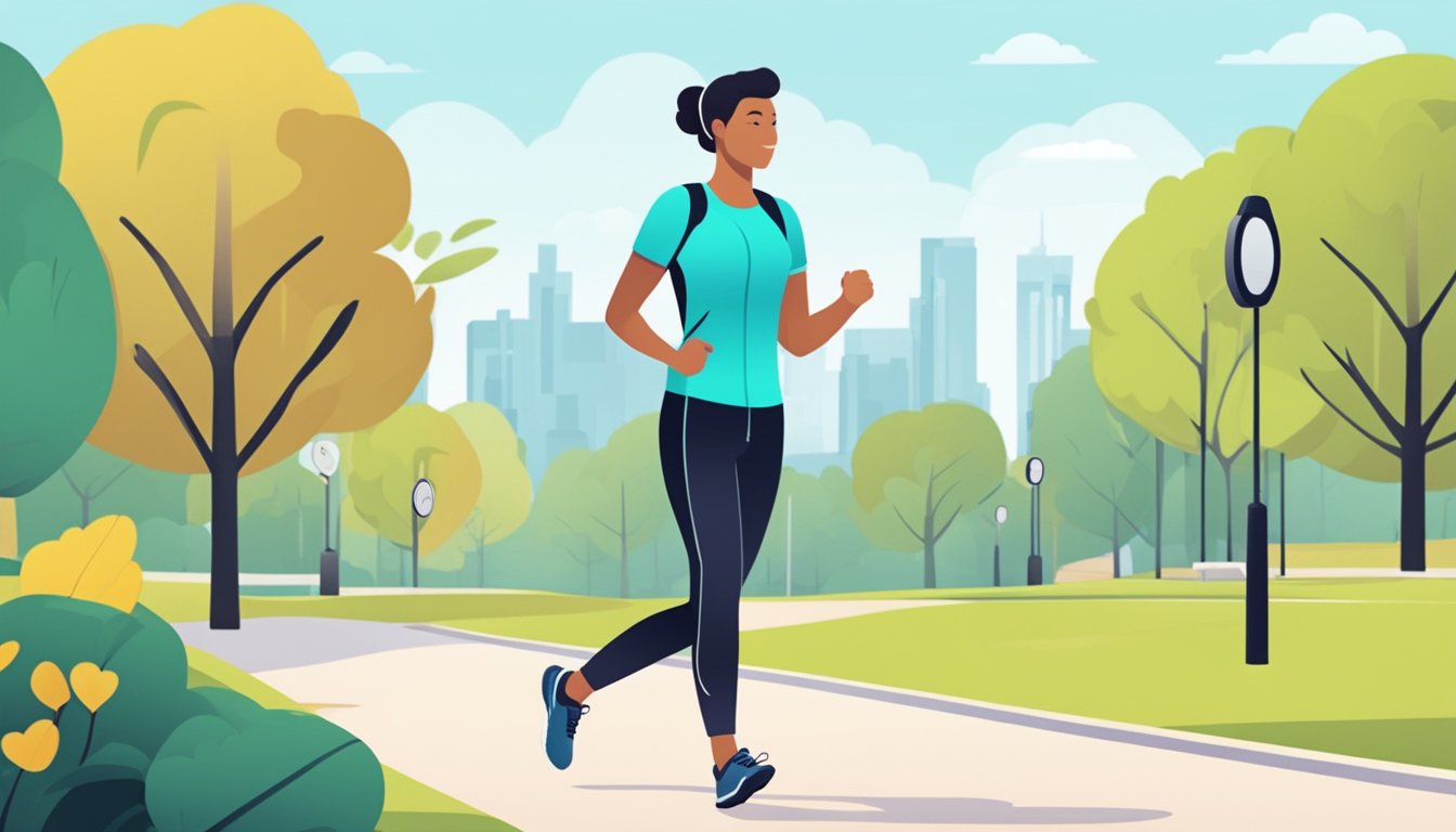 A person walking in a park with a fitness tracker showing a steady heart rate