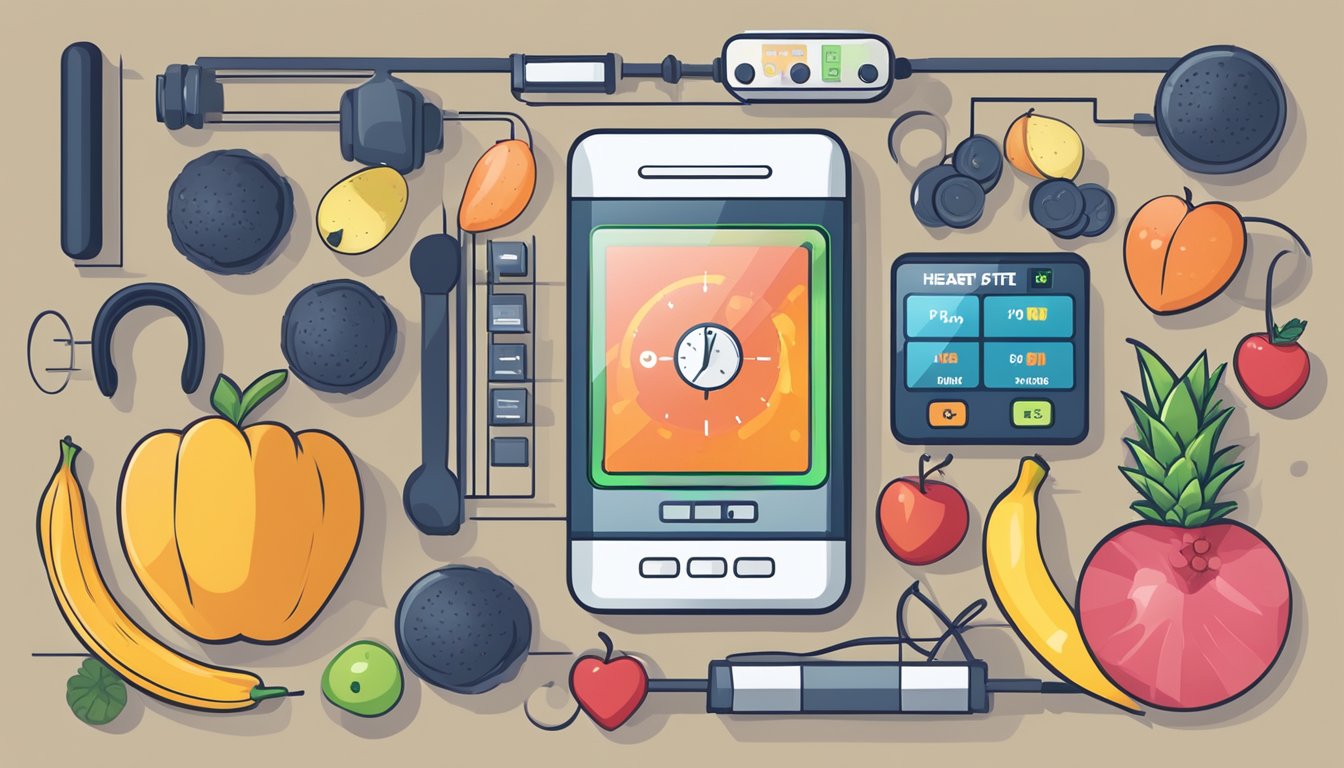 A heart rate monitor displaying a steady pulse, surrounded by healthy lifestyle symbols like fruits, vegetables, and exercise equipment