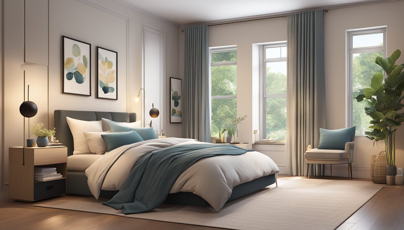 A cozy bedroom with a spacious super single bed centered against a feature wall, adorned with soft, inviting bedding and surrounded by stylish nightstands