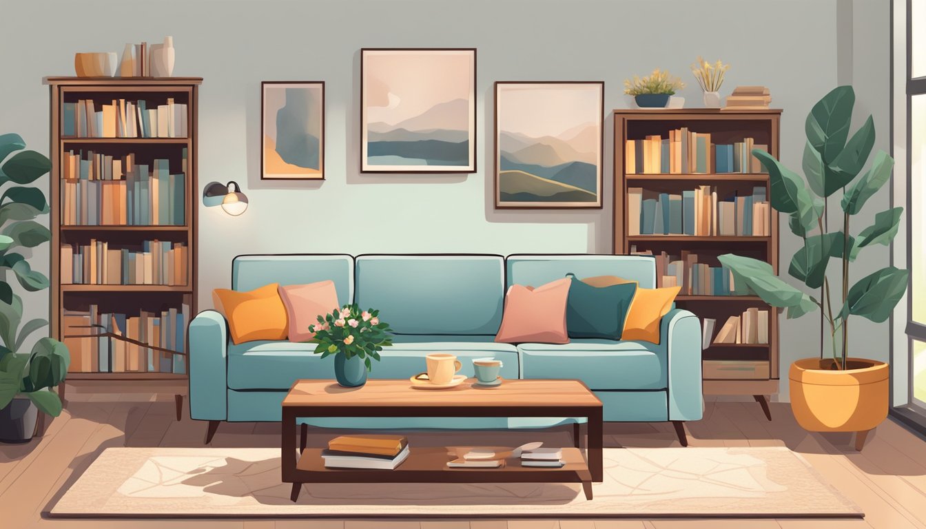 A cozy living room with a large, plush sofa, soft rugs, and warm lighting. Shelves filled with books and decorative items. A coffee table with a vase of fresh flowers