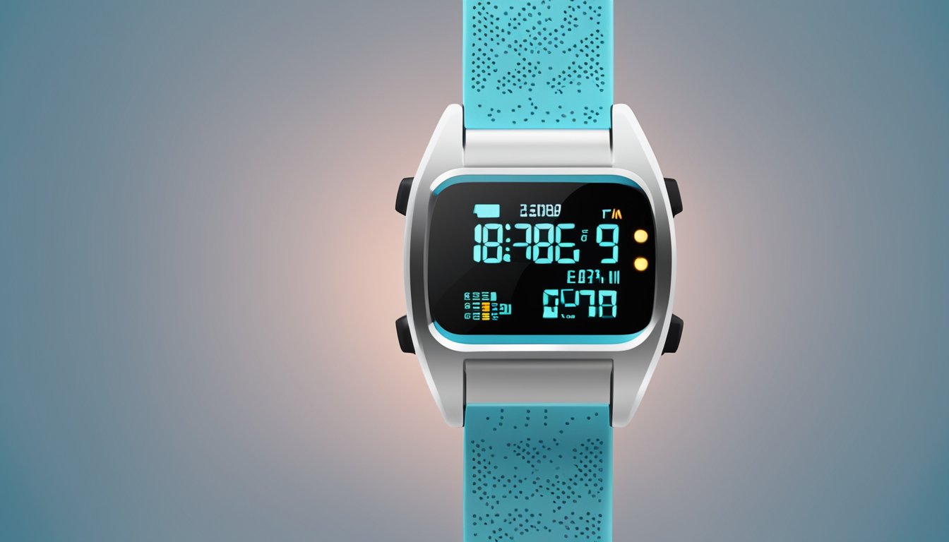 A heart rate monitor displays a pulsing heartbeat on a digital screen, with a sensor strapped to a wrist or chest