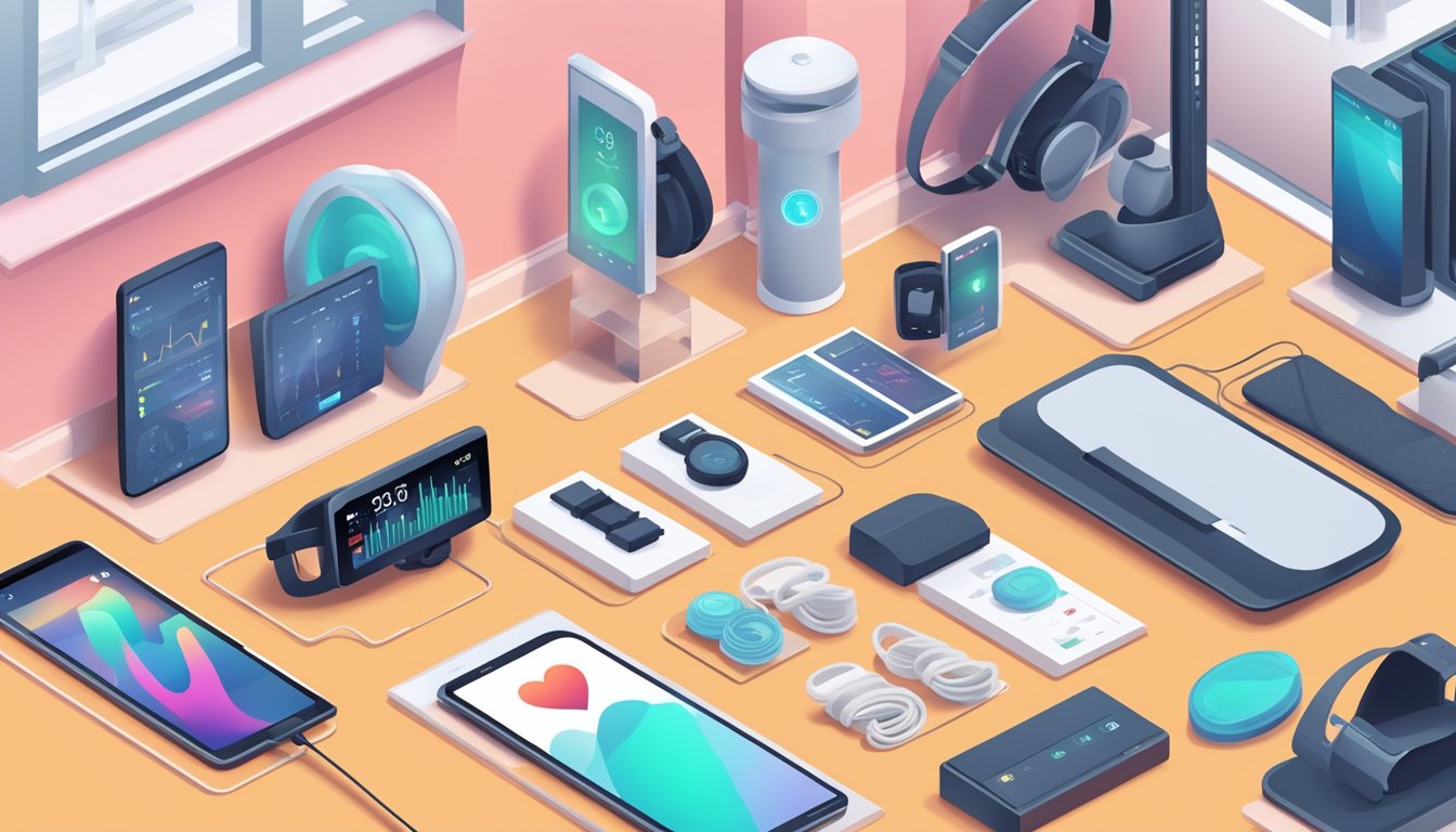 A hand reaches for a sleek heart rate monitor on a display shelf, surrounded by various fitness gadgets and equipment in a well-lit store