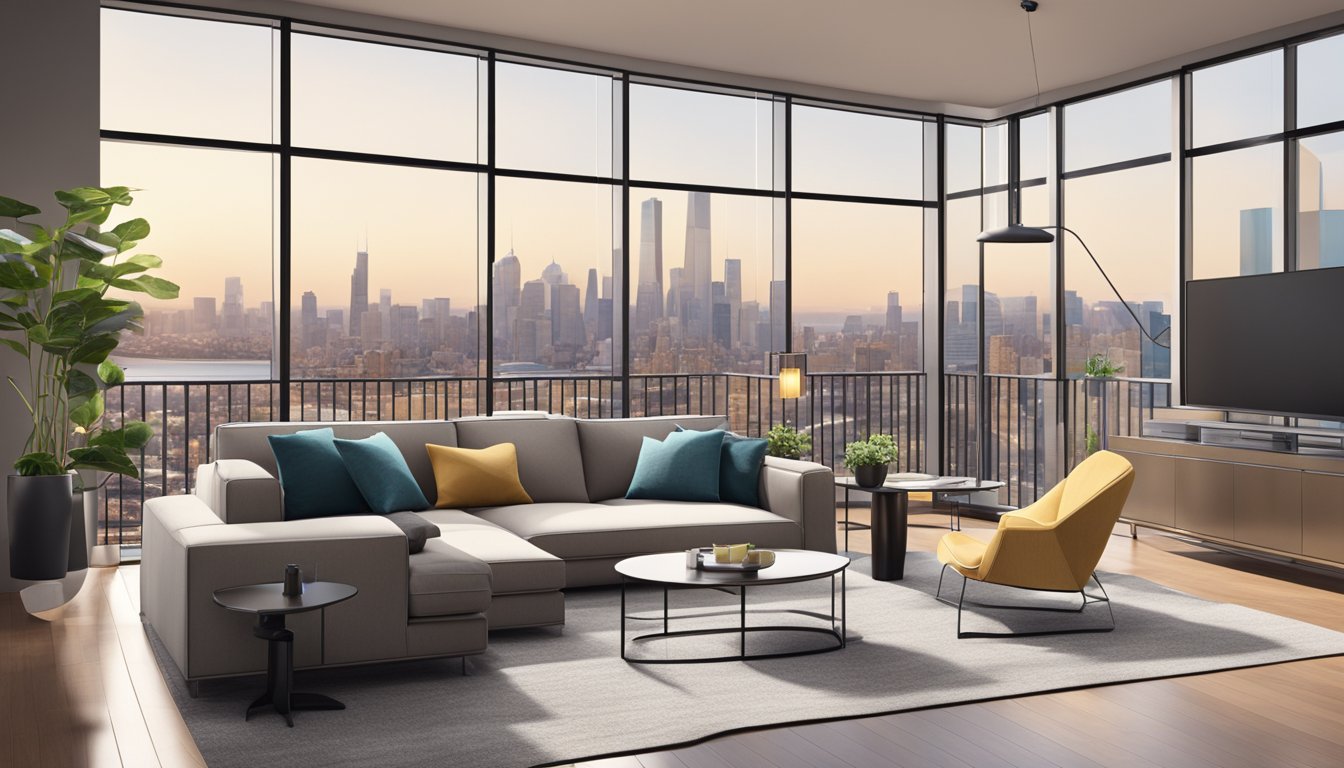 A modern living room with sleek furniture, neutral colors, and large windows offering a view of the city skyline