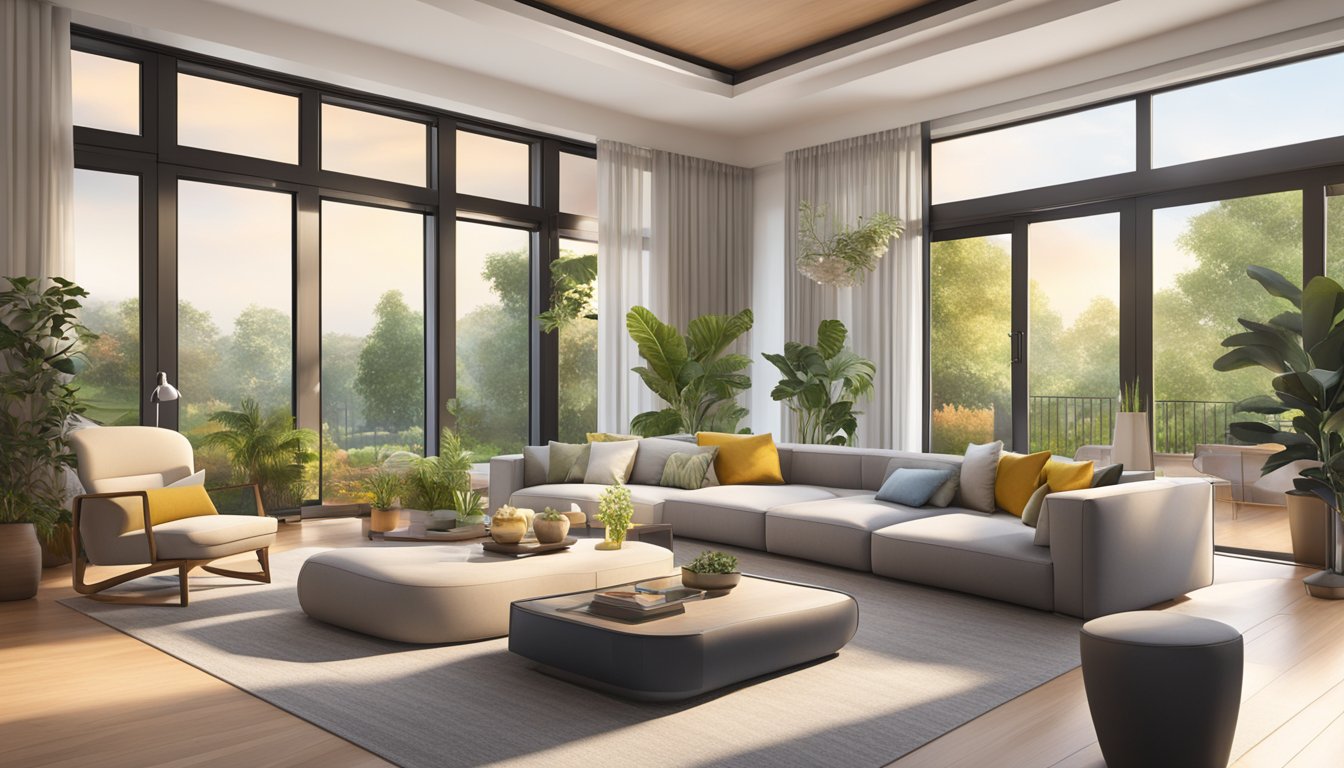 A modern living room with sleek furniture, warm lighting, and vibrant accent pieces. A large window overlooks a lush garden, creating a seamless indoor-outdoor connection