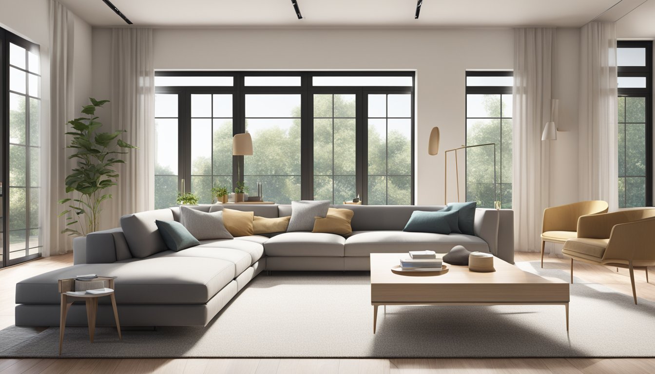 A modern, minimalist living room with sleek furniture, neutral colors, and plenty of natural light streaming in through large windows