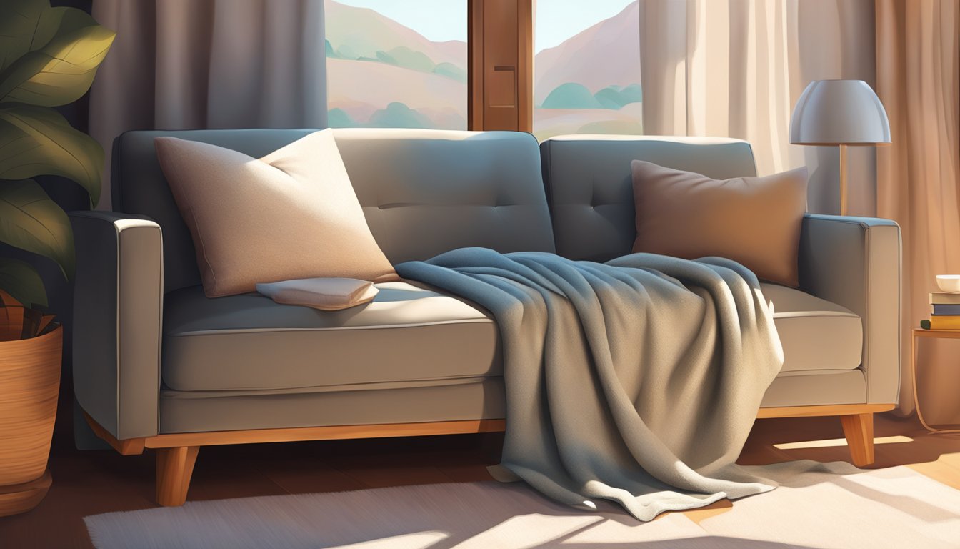 A cozy sofa sits by a window, bathed in warm sunlight. Pillows are neatly arranged, and a throw blanket is draped over the armrest
