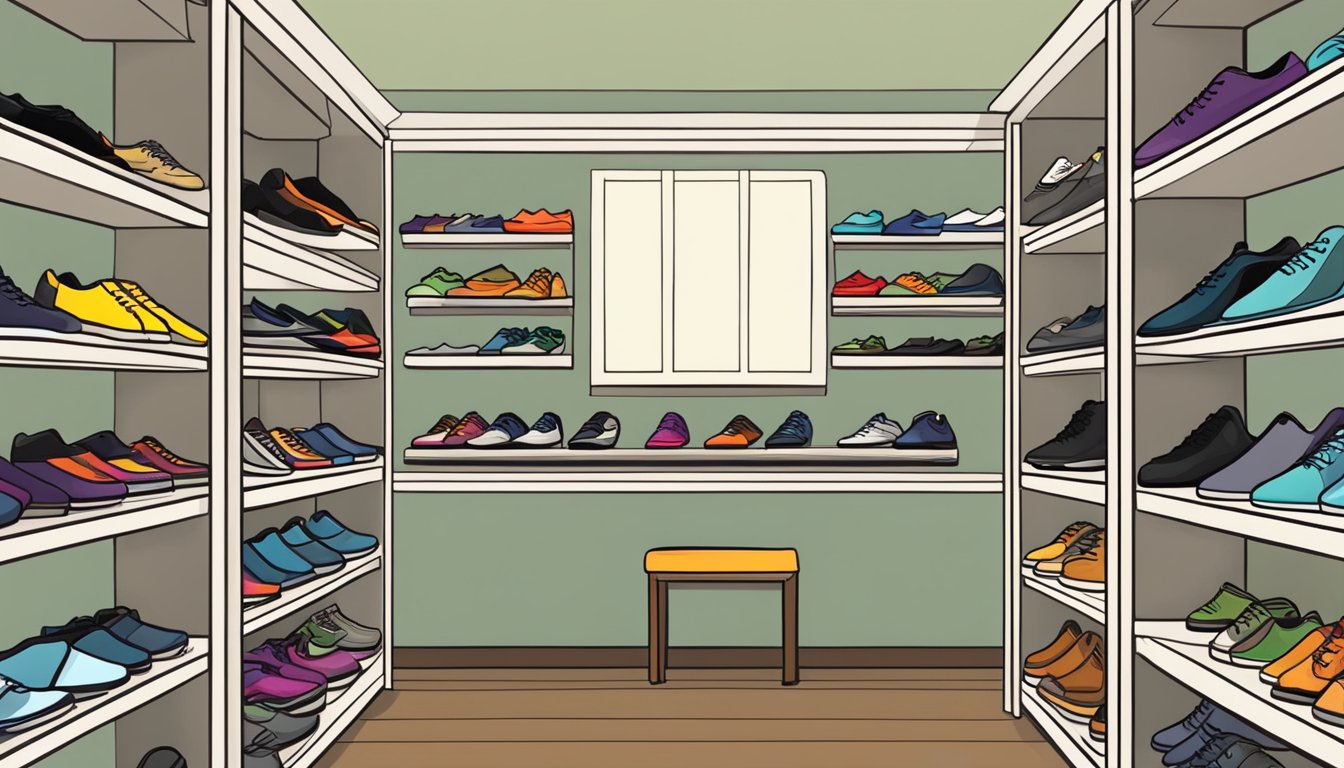 A shoe rack filled with various pairs of shoes, neatly organized and displayed